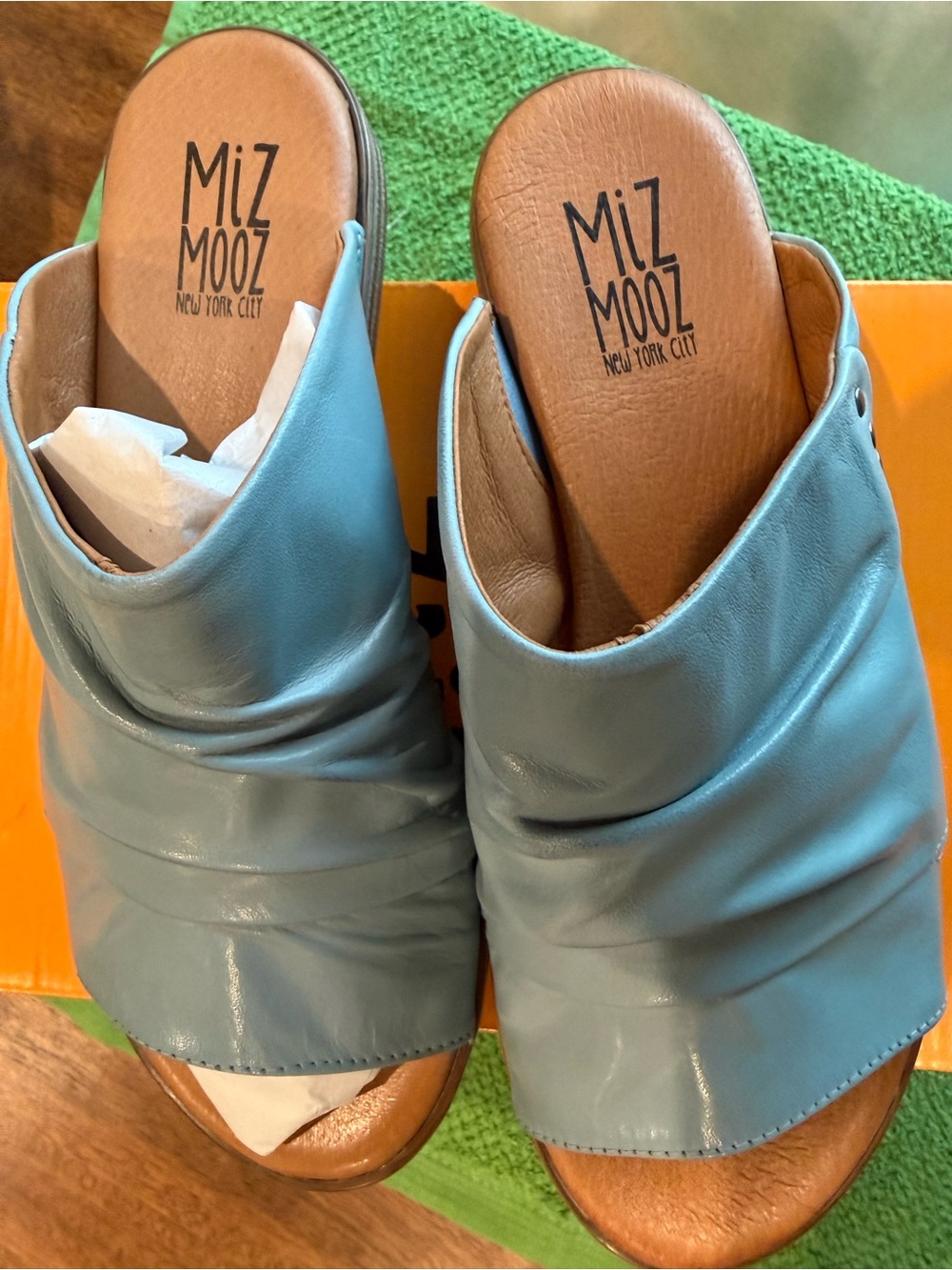 Miz Mooz Light Blue Leather Ruched Slide Mules